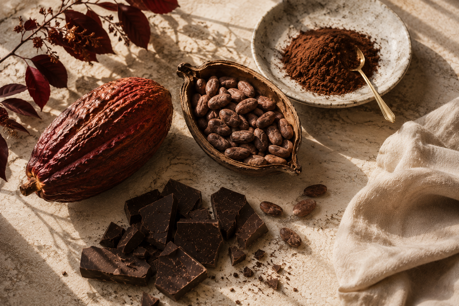 Cacao pod beans and dark chocolate