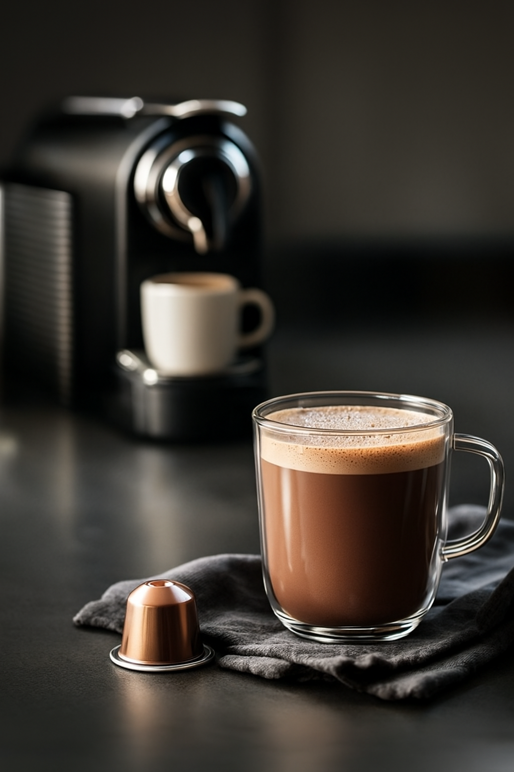 CocoaPod by 80Noir concept beside an Original-format-compatible capsule machine and hot chocolate